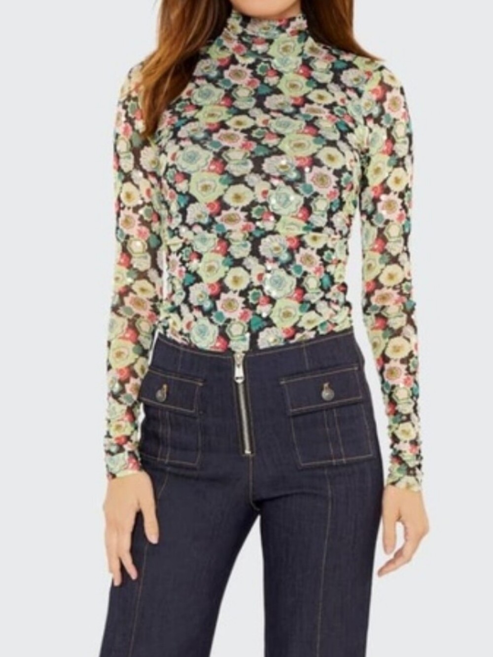 cinq a sept Floral Sequin Black Green Pink Long-Sleeve Top
